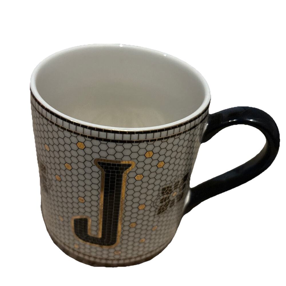 Anthropologie Mug Initial J Honeycomb Mosaic Black/White/Gold Coffee Tea Cup